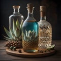 Aloe vera and tequila bottles on wooden background. generative ai
