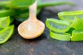 Aloe vera on wooden spoon on wooden table There are many useful herbs