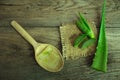 Aloevera fresh leaf on the wooden table,aloe vera on wooden table,Herbs for Health,copy space