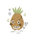 aloha. Cartoon pineapple, decor elements, hand drawing lettering. colorful summer tropical illustration, flat style.