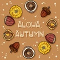 Aloha autumn decorative wreath cute cozy banner. Autumn festive poster. Fall harvest greetings postcard