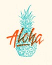 Aloha beach lettering. Havaiian summer tropical sign, label, vintage card template with shabby texture. Hand drawn