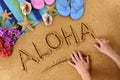 Aloha Hawaii beach word writing Royalty Free Stock Photo