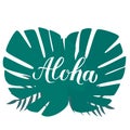 Aloha calligraphy brush lettering and palm leaves. Summer holidays concept. Hand written Hawaiian language phrase hello. Vector