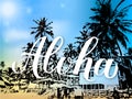 Aloha calligraphy lettering on bright background with sun, sky and silhouettes of palm trees. Summer holidays banner. Hand written