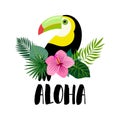 Aloha card design with exotic plants arrangement and toucan