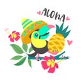 Hello summer. Aloha. Cute funny cartoon Toucan. Tropical paradise. Vector illustration. Royalty Free Stock Photo