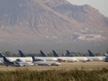 Aloha, European, and other commercial airliners planes parked in the Desert