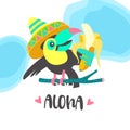 Hello summer. Aloha. Cute funny cartoon Toucan. Tropical paradise. Vector illustration. Royalty Free Stock Photo