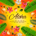 Aloha Hawaii background. Tropical plants, leaves and flowers. Hawaiian language greeting. Vector illustration