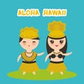 Aloha Hawaii Card design Hawaiian Hula Dancer Kawaii boy girl on bliue background. Vector