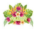 Aloha Hawaii greeting. Tropical greenery bouquet. Hand drawn watercolor painting with Hibiscus flowers and palm leaves. Design Royalty Free Stock Photo