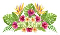 Aloha Hawaii greeting. Tropical greenery bouquet. Hand drawn watercolor painting with Hibiscus flowers and palm leaves. Design Royalty Free Stock Photo