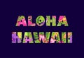 Aloha Hawaii lettering with tropical floral print on navy blue background for t shirt, fashion and bag design Royalty Free Stock Photo