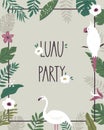 Aloha Hawaii party invitation template with tropical leaves, blossom flowers , cockatoo and flamingo