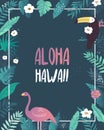 Aloha Hawaii party invitation template with tropical leaves, blossom flowers, flamingo and toucan