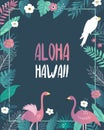 Aloha Hawaii party invitation template with tropical leaves, blossom flowers, flamingos and cockatoo