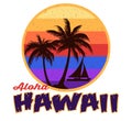Aloha Hawaii Retro Logo T-Shirt Design with Palm Trees Yacht and rainbow background Royalty Free Stock Photo