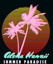 Aloha Hawaii sunset print. Poster retro palm tree silhouettes Royalty Free Stock Photo