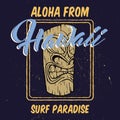 Aloha Hawaii with tiki head illustration.