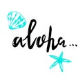 Aloha lettring grunge postcard. Hand drawn vector banner Isolated on white background for t-shirt
