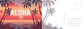 Aloha postcard. Card with summer landscape, seaside sunset and palm. Tropical paradise and outdoor recreation letter
