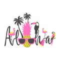 Aloha summer poster with toucan, flamingo, parrot, pineapple and palm.