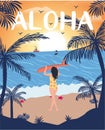 Aloha Summer Sunset Sea Ocean Beach Wave Surfboard, Palm Tree Star Fish tropical beach girl surfing Royalty Free Stock Photo