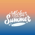 Aloha Summer Surfing Abstract Vector Hand Lettering Greeting Gard, Sign or Poster. Surfboard and Hawaii Flowers