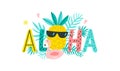 Aloha text with exotic leaves. Can be used for poster, greeting card, bags, t-shirt. Vector illustration