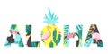 Aloha text with toucan, flamingo, pineapple and exotic leaves. Can be used for poster, greeting card, bags, t-shirt. Royalty Free Stock Photo