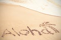 Aloha text written on sand with palm tree Royalty Free Stock Photo