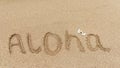 Aloha, the traditional Hawaiian greeting, written in the sand of a Hawaiian beach Royalty Free Stock Photo