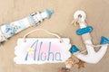 Aloha. Travel banner template. Photos of the lighthouse, anchors, seashells and blackboard for the inscription. Tourist, sea Royalty Free Stock Photo