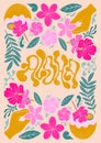 Aloha - trendy liquid hand written lettering quote. Floral leaves decorative elements, flowers, buds. Textured linocut