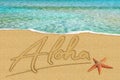 Aloha written in the sand on the beach Royalty Free Stock Photo