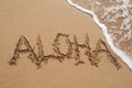 Aloha Written in Sand on Beach with Wave