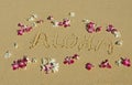 Aloha written in the sand with Orchids in Hawaii