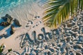 Aloha written in the sand on a tropical beach