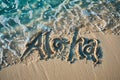 Aloha written in the sand on a tropical beach Royalty Free Stock Photo