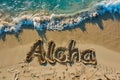 Aloha written in the sand on a tropical beach