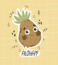 aloha. Cartoon pineapple, decor elements, hand drawing lettering. colorful summer tropical illustration, flat style.