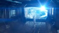 Alone astronaut in futuristic interior. Sci fi room view of the earth. 3d rendering Royalty Free Stock Photo