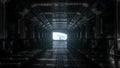 Alone astronaut in futuristic space corridor. View of the earth. 3d rendering