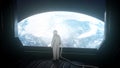 Alone astronaut in futuristic spaceship, room. View of the earth. 3d rendering Royalty Free Stock Photo