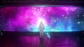 Alone astronaut in futuristic spaceship. View of the starry sky. 3d rendering