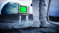 Alone astronaut on the moon watch old TV. Tracking your content. 3d rendering.