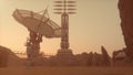 Alone astronaut on planet Mars, looking at the base in the desert landscape. 3d rendering