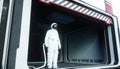 Alone astronaut in space. Sci fi futuristic corridor. view of the earth. 3d rendering.