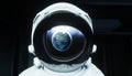 Alone astronaut in space. Sci fi futuristic corridor. view of the earth. 3d rendering.